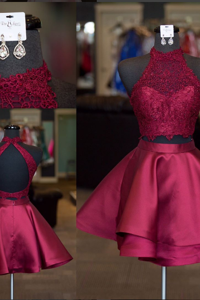 Fashion Burgundy Lace Two Pieces Short Homecoming Dress A Line Prom Party Gowns Custom Made Cocktail Party Dresses