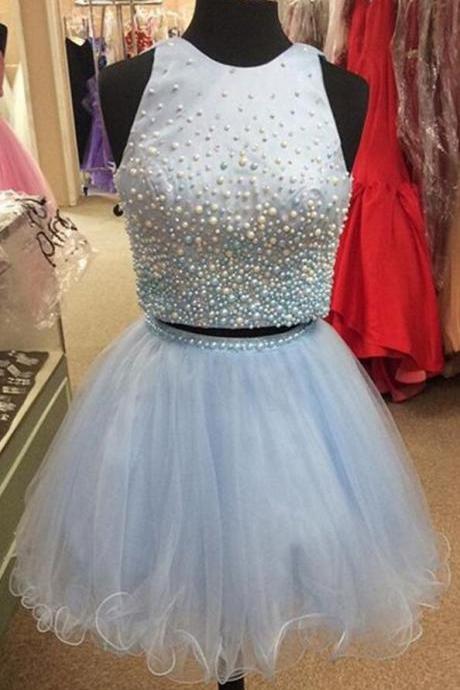 Two Beaded Short Homecoming Dress, Blue Beaded Short Prom Dress, Off Shoulder Prom Party Gowns , Custom Made Wedding Guest Gowns , A Line Tulle