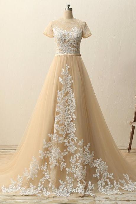 Champagne Tulle Long Prom Dress With Short Sleeve White Lace Women Party Gowns Custom Made Quinceanera Dress 2019