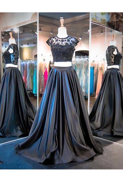 Black Lace Two Pieces Long Prom Dress, Off the Shoulder Prom Dresses, Women Party Gowns ,Custom Made Formal Evening Dress 