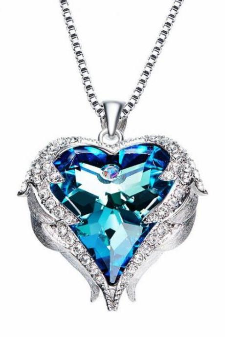Crystals from Swarovski Necklaces Fashion Jewelry For Women Pendant 2018 Rhinestone Heart Of Angel Christmas Gifts,Beauty Blue Necklace 