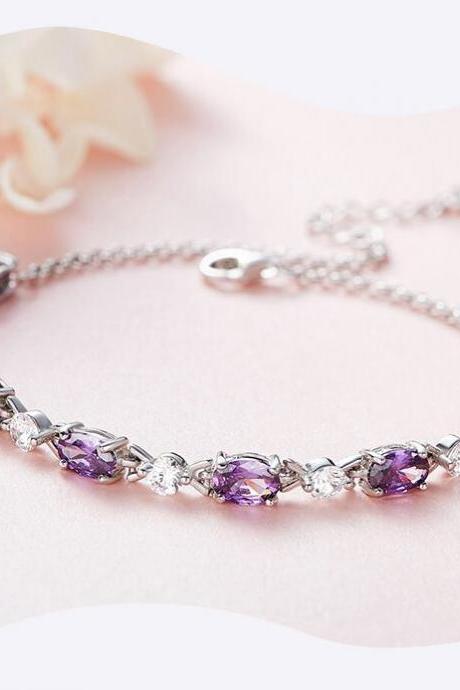 Women S925 Sterling Silver Bracelet Luxury violet Paved Option Link Chain Purple Bijoux Fashion Jewelry 2019