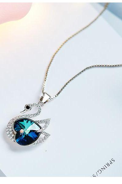 Crystals from Swarovski Necklace Women Pendants S925 Sterling Silver Jewelry Blue Swan Shape Bijoux New 2019 Women Jewelry 