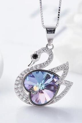 Crystals From Swarovski Necklace Women Pendants S925 Sterling Silver Jewelry Purple Swan Shape Bijoux 2019 Women Jewelry
