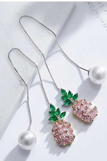 Crystal For Swarovski Earrings Pink Pineappl For Women Heart Drop S925 Silver Jewelry , Beauty Earrings , Women Earrings