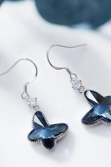 Crystal For Swarovski Earrings Blue Butterflies For Women Heart Drop S925 Silver Jewelry , Beauty Earrings , Women Earrings 