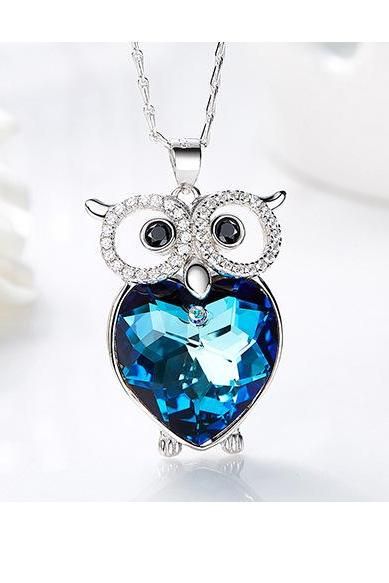 Crystals From Swarovski Necklace Women Pendants S925 Sterling Silver Jewelry Blue Owl Bijoux 2019 Women Jewelry