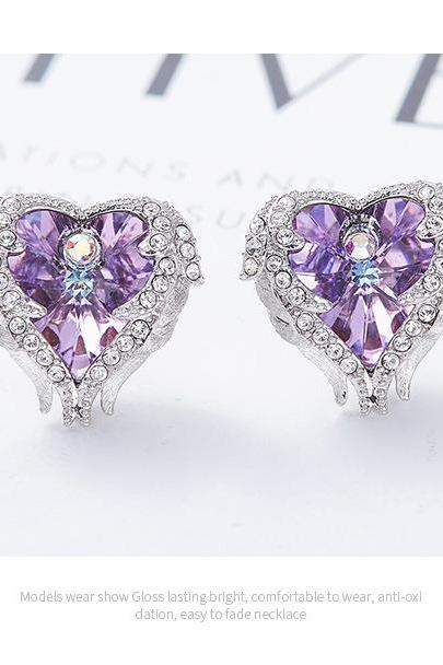 Crystals from Swarovski S925 Sterling Silver Jewelry Stud Earrings Women Earring Heart Austrian Rhinestone Elegant Fashion Purple Earrings 