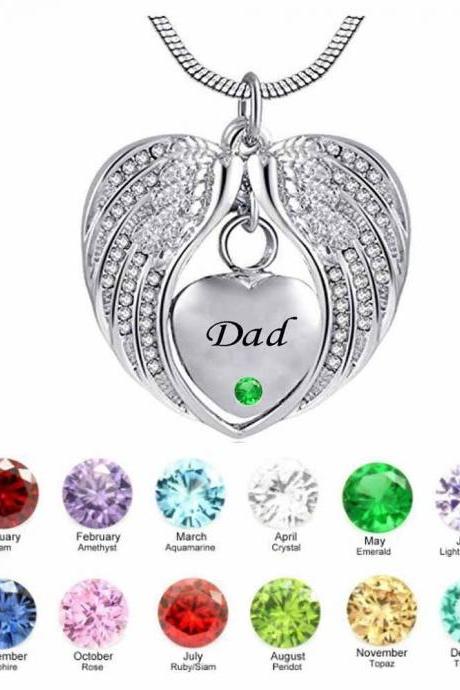 Dad Angel Wing Birthstone Cremation Urn Crystal Necklace Heart Memorial Pendant Stainless Steel Jewelry