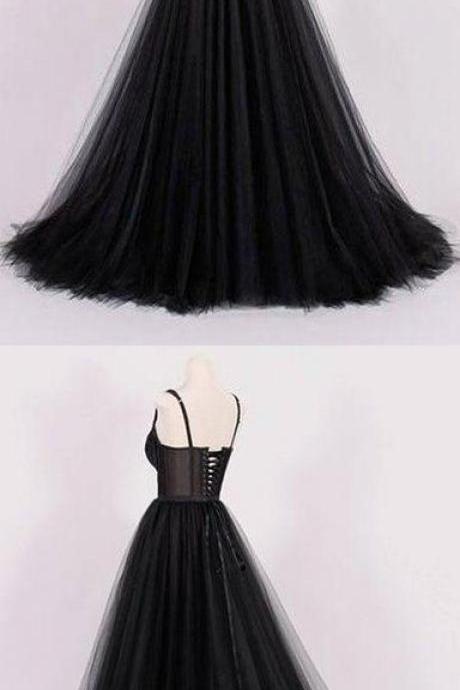 Fashion Black Tulle Long Prom Dress A Line Sleeveless Evening Dress,2019 Sexy Women Gowns