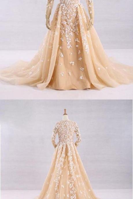 Elegant A Line Long Sleeve Lace Prom Dress 2019 Custom Made Floor Length Formal Evening Dress, 2019 Long Prom Gowns