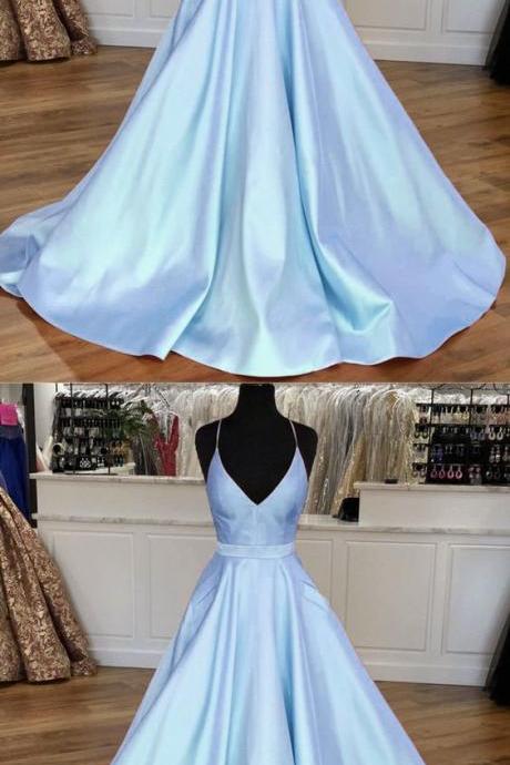 V-neck Light Blue Satin Long Prom Dress, Custom Made Long Prom Gowns , Women Party Gowns