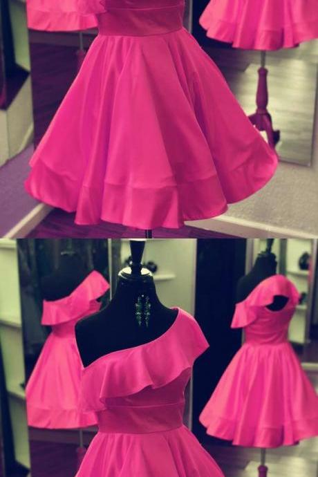 One Shoulder Ruffle Fuchsia Satin Short Homecoming Dress A Line Prom Party Gowns ,short Bridesmaid Dress