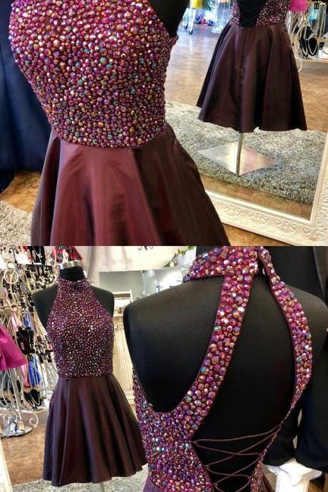 Halter Beaded Short Prom Dress Luxury Crystal Mini Homecoming Party Dress, Custom Made Cocktail Dress Short 