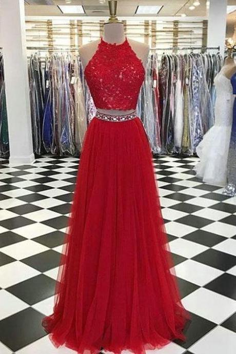 Two Pieces Red Lace Tulle A Line Prom Dress 2019 Custom Made Tulle Prom Party Gowns , Formal Evening Dress .