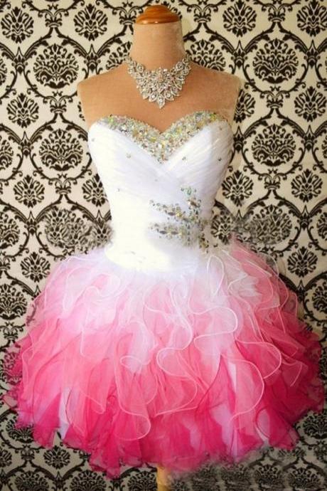 Beaded Organza White And Pink Short Homecoming Dress, Sexy A Line Short Prom Party Gowns ,short Cocktail Dress, Sweet Junior Party Dress