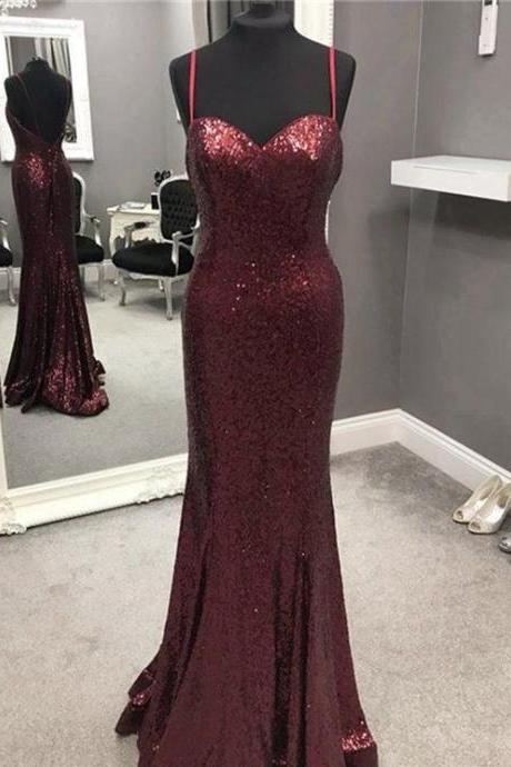 Fashion Burgundy Sequin Mermaid Prom Dress Back Open Sexy Long Prom Dresses Custom Made Women Party Gowns, 2019 Long Evening Dress 