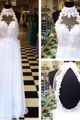 Sexy High Neck Lace Long Prom Dress Strapless White Lace Appliqued Prom Party Gowns , Custom Made Wedding Guest Gowns