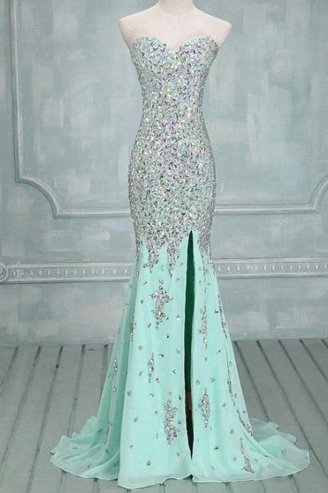 Luxury Light Green Chiffon Sweet Mermaid Prom Dress With Beadeding , Mermaid Evening Dress With Crystal , Long Party Gowns 2019 