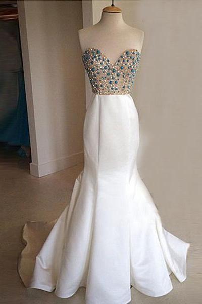 Stunning Beaded Crystal Mermaid Prom Dress, White Satin Long Prom Dress, Custom Made Women Party Gowns , Strapless Long Prom Gowns