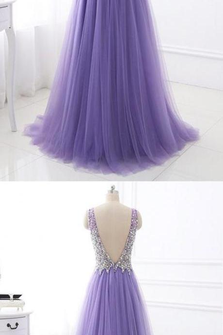 Luxury Beaded Crystal Lavender Chiffon Long Prom Dress, Sexy Backless Prom Dresses, Custom Made Formal Evening Party Gowns