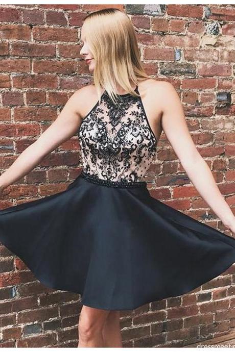 Sexy Black Satin Short Homecoming Dress, Off The Shoulder Short Cocktail Dress, Short Prom Gowns ,halter Party Gowns Mini