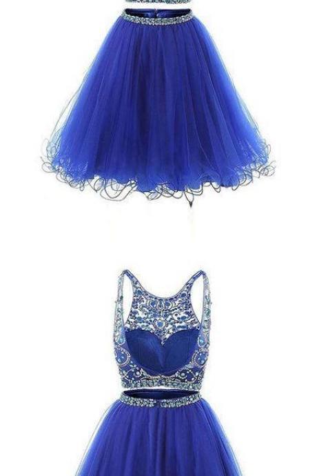 Fashion Two Pieces Royal Blue Crystal Beaded Short Prom Dress, Custom Made 2 Pieces Short Prom Gowns,Two Pieces Tulle Mini Cocktail Dress 