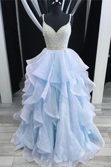 A Line Sky Blue Long Prom Dress, Sexy Beaded Crystal Prom Dresses, Long Evening Dress, Sparkly Beaded Prom Party Gowns