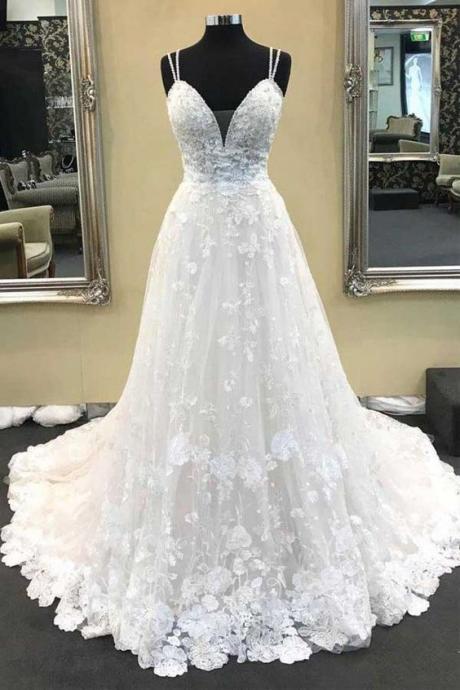 Fashion White V-neck Lace China Wedding Dress, Off The Shoulder Tulle Appliqued Ball Gown Wedding Dresses, Custom Made Women Dress