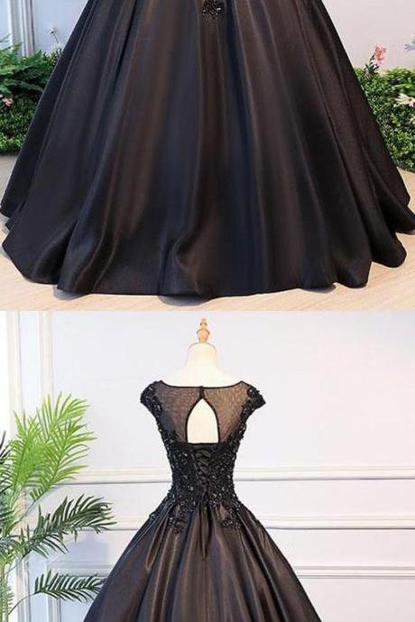 Black Ball Gown Lace Satin Prom Dress, Betau Neck Long Quinceanera Dress , Women Party Gowns 2019