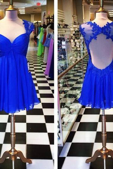 2019 Royal Blue Chiffon A Line Lace Short Homecoming Dress, Sexy Short Prom Party Gowns ,wedding Guest Dress.