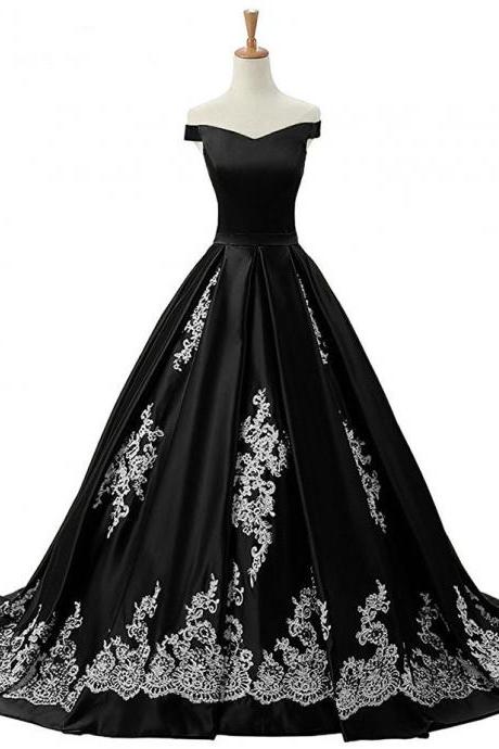 Stunning Black Satin Ball Gowns Quinceanera Dress, Long Prom Dress.off Shoulder Women Party Gowns 2019
