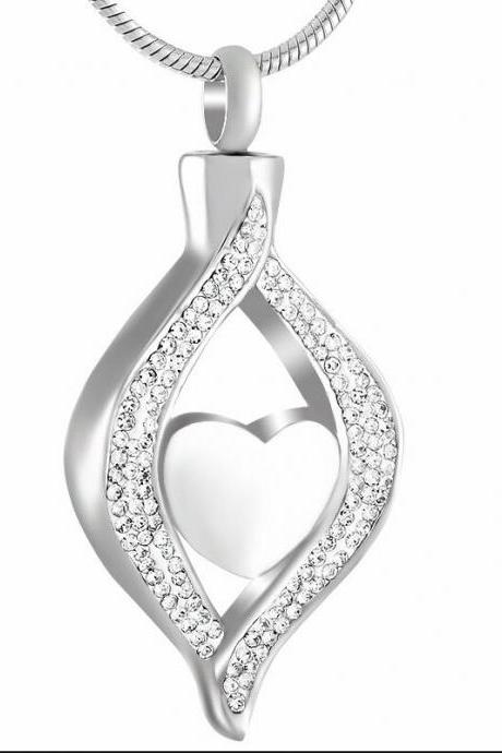 Crystal Teardrop Hold Heart Stainless Steel Cremation Ashes Urn Pendant Necklace Memorial Keepsake