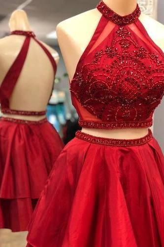 2018 Red High Neck Beaded Homecoming Dress, Above Length Short Prom Dress, Girls Party Dress , Short Cocktail Gowns