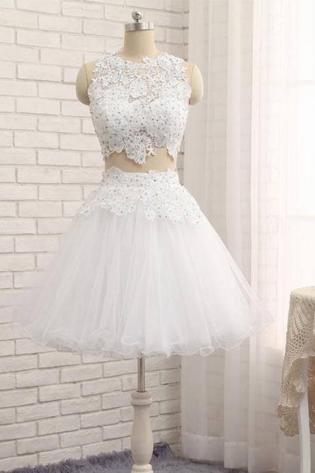 Vestido Sexy White Two Pieces Lace Prom Dress Short , Short Prom Party Gowns , 2 Pieces Homecoming Party Dress, Cocktail Party Gowns 
