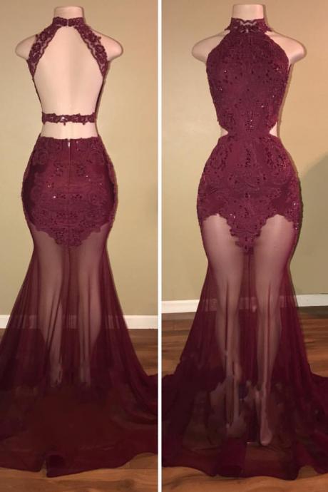 Fashion Burgundy Tulle Lace Mermaid Prom Dress, High Hollow Sheer Tulle Long Evening Dress, Custom Made Wedding Party Dress 