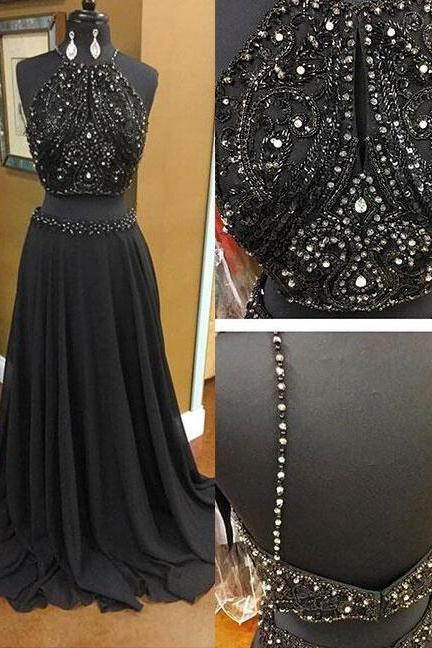 Luxury Black Beaded A Line Long Prom Dress 2019 Plus Size Two Pieces Prom Dresses Women Party Gowns ,long Evening Dress