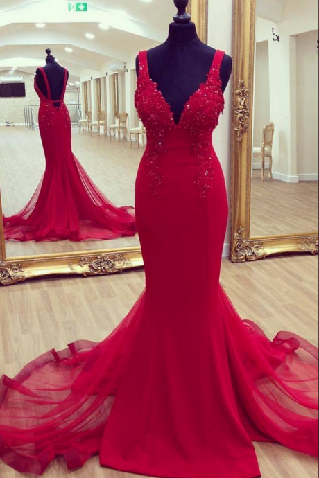 Fashion Red Tulle V-Neck Mermaid Prom Dress Custom Made Spaghetti Strap Long Evening Party Gowns Plus Size Mermaid Party Gowns 2019 