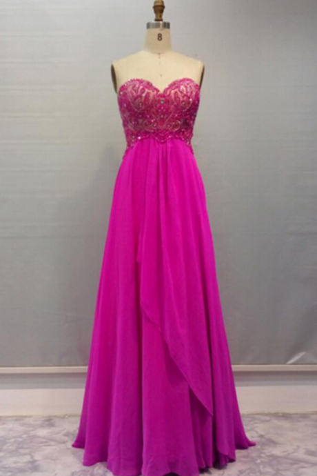 Sexy A Line Fuchsia Chiffon Beaded Long Prom Dress Sweet 16 Prom Gowns Custom Made Evening Party Gowns For Weddings ,