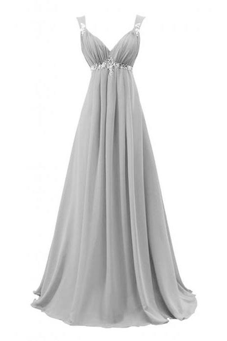 A Line Gray Chiffon Long Prom Dress, Custom Made Ruched Women Party Gowns , Long Bridesmaid Dress, Plus Size Maid Of Honor Gowns