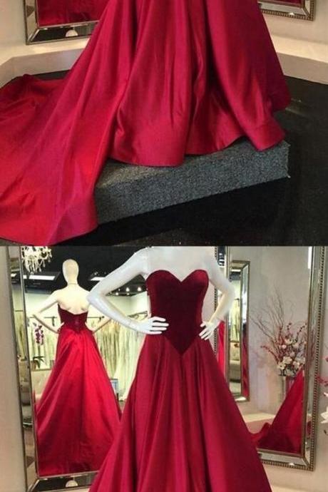 Fashion A Line Red Sweetheart Satin Long Evening Dress, Custom Made Women Prom Gowns , Formal Evening Dress, Sweep Train Prom Gowns