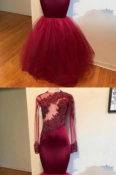 Burgundy Tulle Long Sleeve Mermaid Prom Dress 2019 Custom Made Muslim Evening Gowns With Lace Appliqued Prom Party Gowns