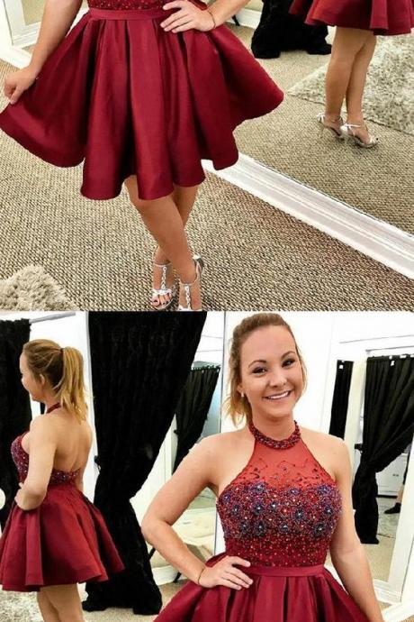 Burgundy Satin Short Homecoming Dress, Short Prom Dress, Short Women Gowns , Short Beaded Crystal Prom Party Gowns