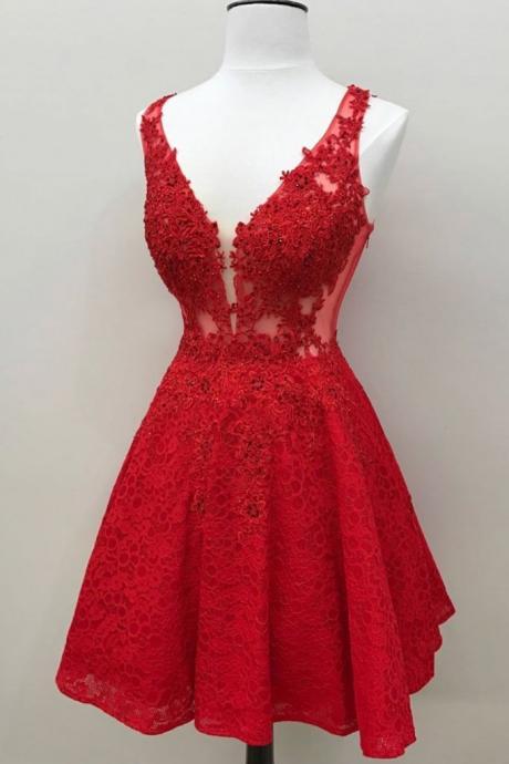 Red V-Neck Lace Prom Dress Short , Above Length Short Homecoming Dress, Custom Made Women Party Gowns .