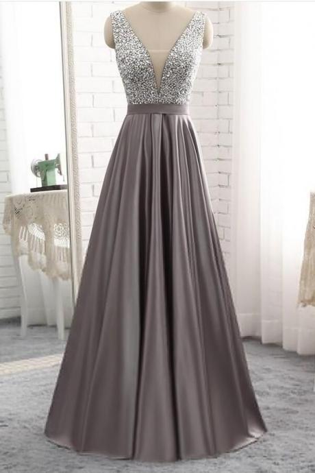 Luxury Beaded Crystal Gray Satin Long Prom Dress V-neck Strapless Women Prom Gowns ,plus Size A Line Evening Dress
