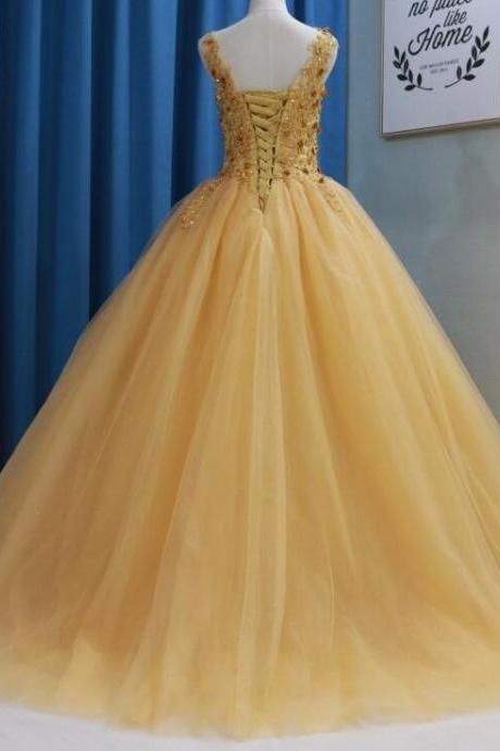 Gold Yellow Ball Gown Quinceanera Dresses 2018 Vestidos de 15 debutante 3D Dlowers Appliques Corset Sweet 16 Prom Party Gowns