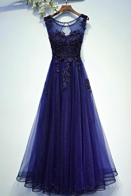 Roayl Blue Lace Long Prom Dress Beaded O-neck Prom Party Gowns Plus Size Evening Dresses