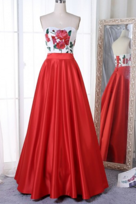 Custom Made Red Satin floor Length Prom Dress Off Shoulder Floral Printed Corset Long Prom Gowns , Women Party Gowns 2019 