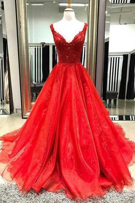 Red V-Neck Lace Prom Dress Plus Size Women Party Gowns For Weddings 2019 , Formal Evening Dress Custom MADE 