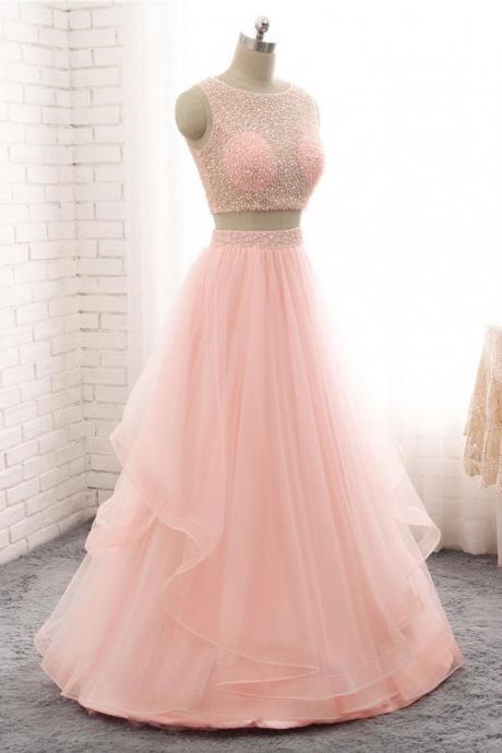 Luxury Beaded Two pieces Tulle Long Prom Dress Long Custom Made Women Prom Party Gowns A Line Evening Gowns 
